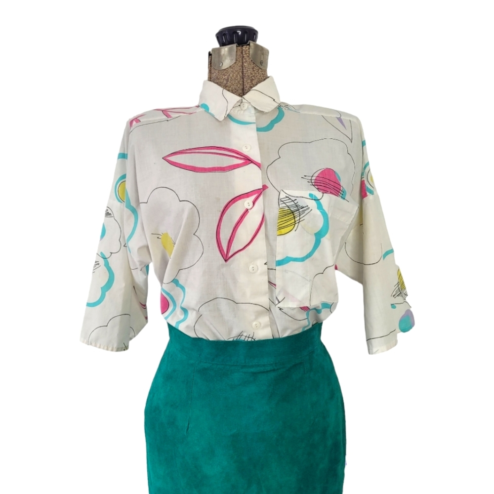 Vintage 80s white button down shirt with pink and blue flowers large